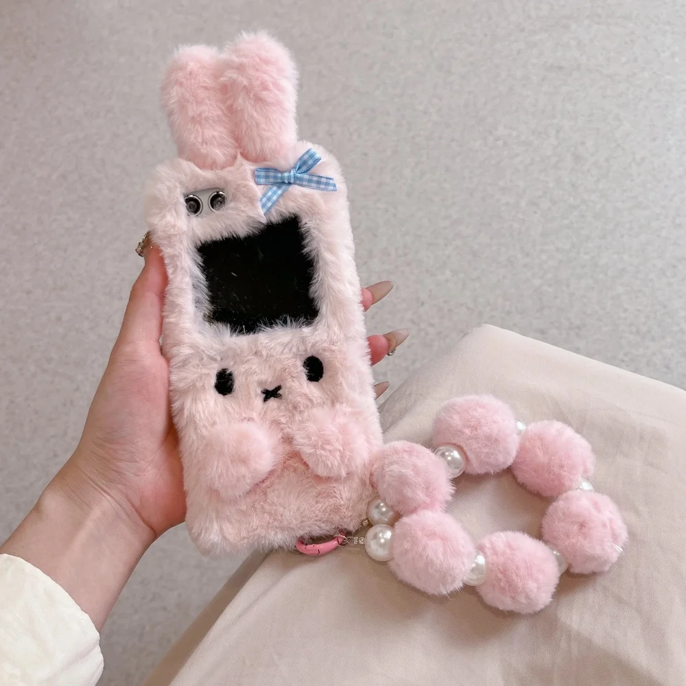 Cute Soft Bracket Folding Fur Cover for Samsung Galaxy Z Flip Fold 3 4 5 6 Plush Embroidered 3D Cartoon Rabbit Phone Case