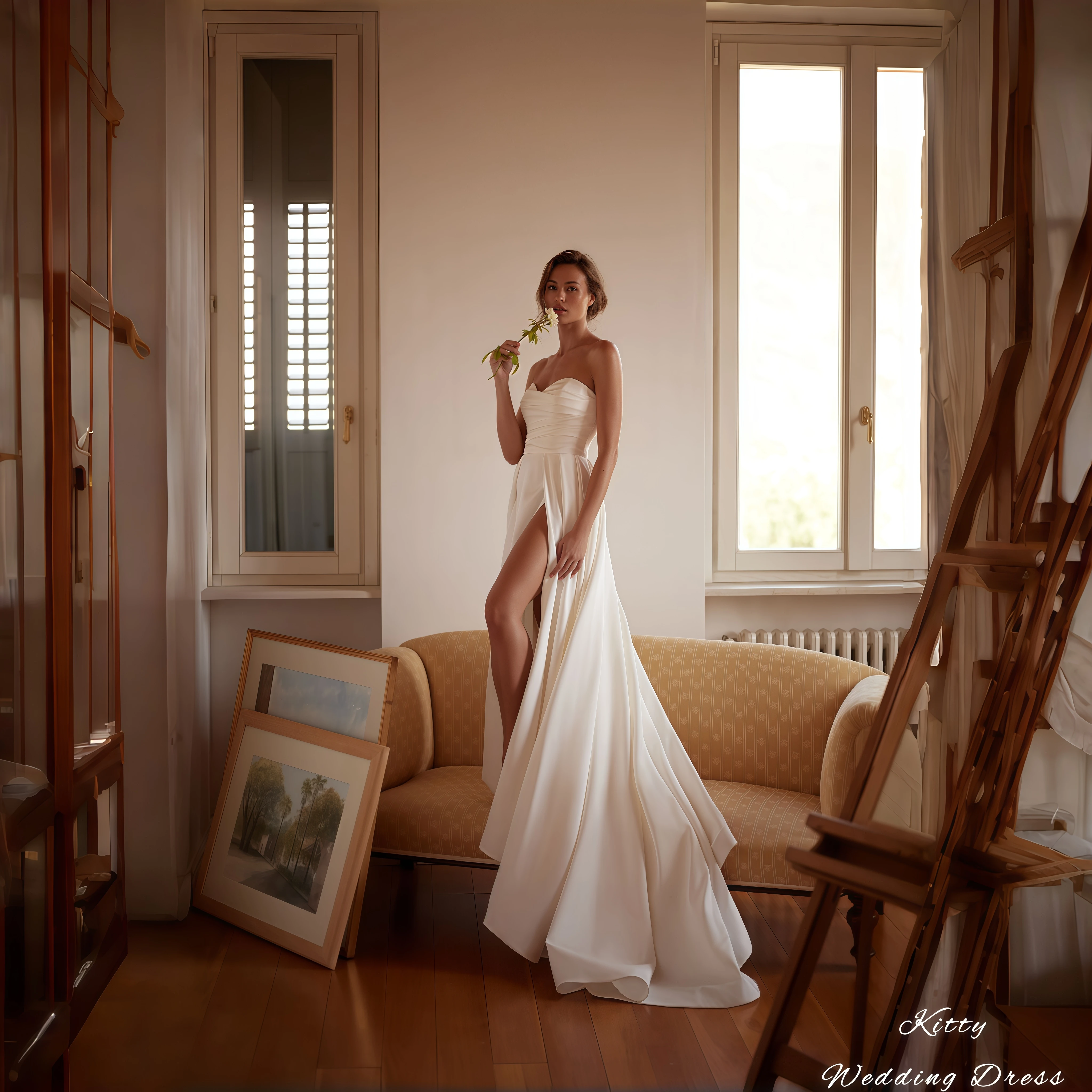 

Kitty Elegant Strapless Sweetheart Satin Sheath Wedding Dress High Slit Detachable Lace Bell Sleeves Floor Length Bridal Gown