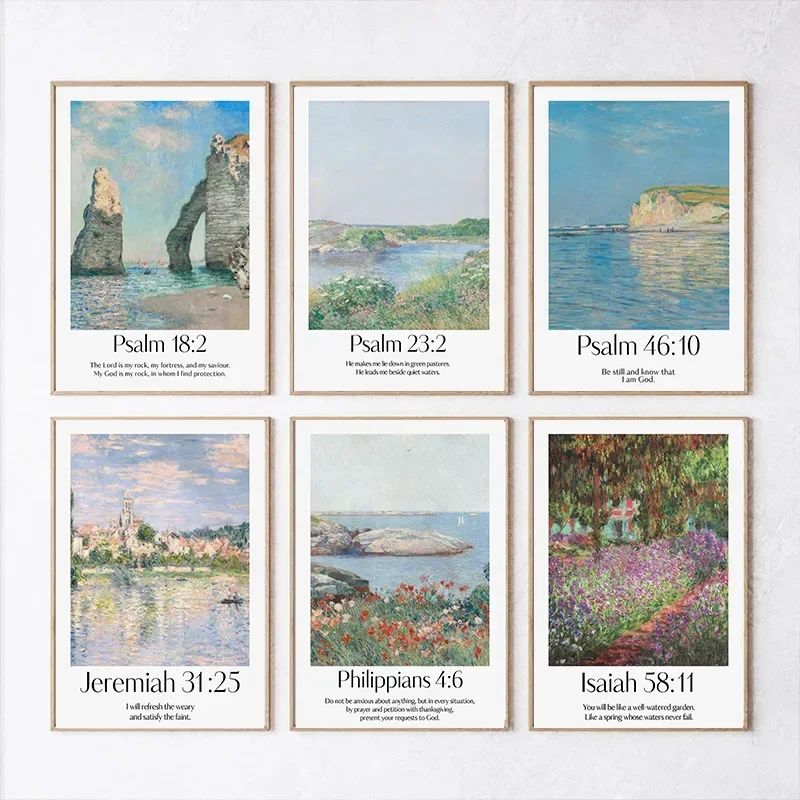 

Christian Monet and Hassam Religious Home Decor Poster Vintage Bible Verses Home Value Set Canvas Painting Frameless Wall Art