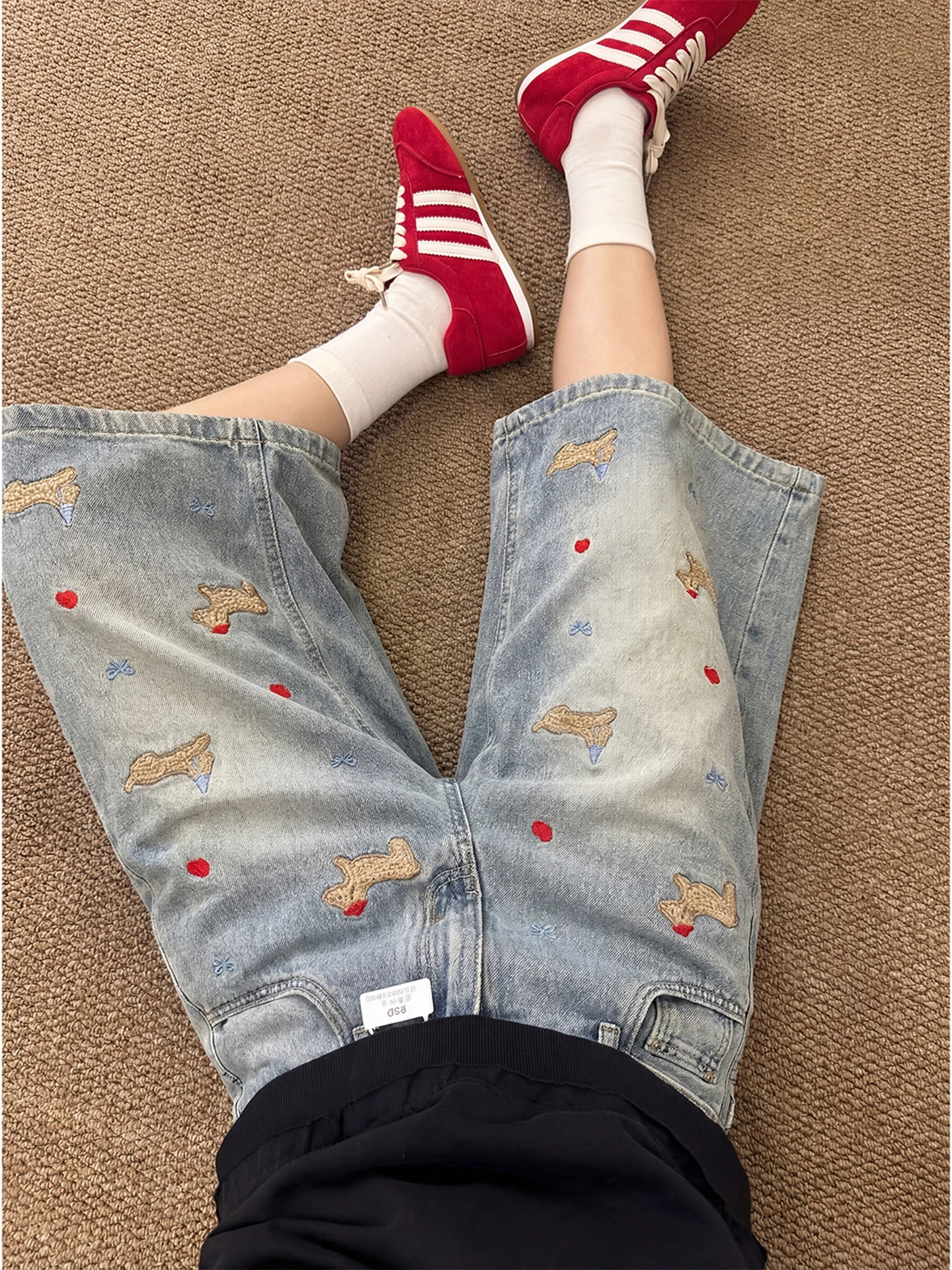

Summer Men's Embroidered Sausage Dog Denim Shorts Straight Leg Wide Leg Seven-Fit Clean Fit Pants Casual Youth Jeans