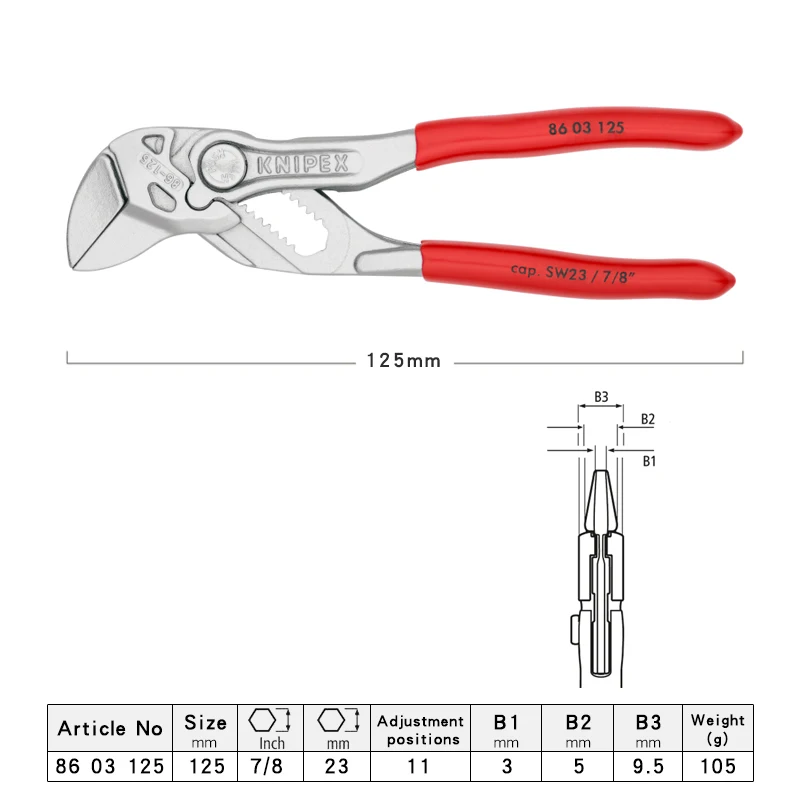 KNIPEX Pliers Wrench Chrome Plated Adjustable Plumbing Plier Mini Pliers Wrench 2-In-1 Pliers Chrome Vanadium 8603125