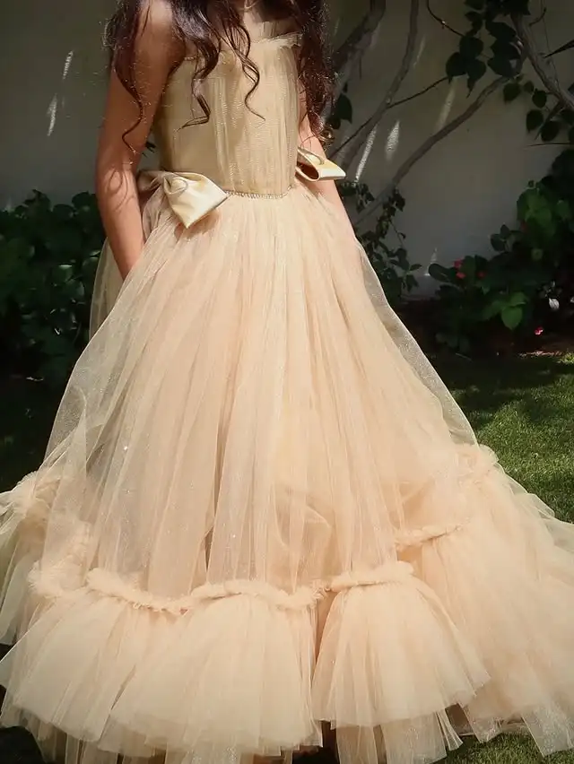 Customized Tulle Flower Girl Dress Sheer Sleeveless Neck Big Bow Back Ruffle Train Kids Pageant Wedding Party Gown