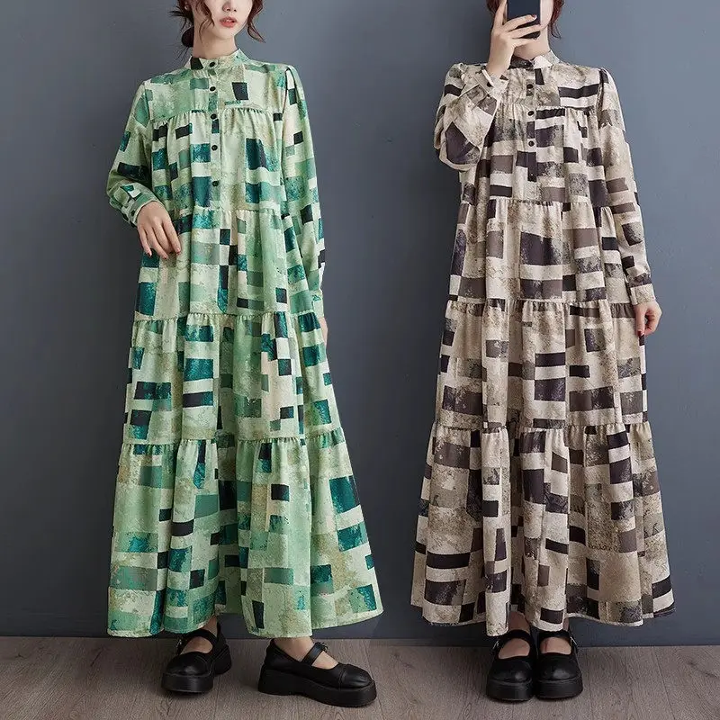 

2024 Spring Fashionable Printed Korean Version Dress Loose Casual Temperament Versatile Long Dress Large Size Clothing Z4218