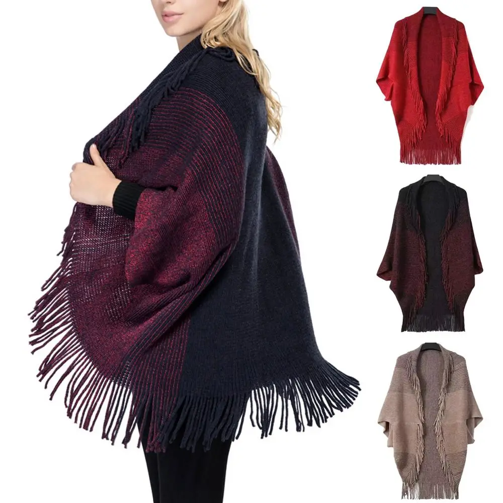 

Elegant Bohemian Knitted Shawl Ethnic Style Stripe Ladies Tassel Cape Wraps Scarf Coat For Women