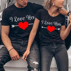 King Queen Couples T Shirt I Love Her Him Heart  Print Couple Tshirt Summer Woman T-shirt Casual O-Neck Tops Lovers Tee Shirt