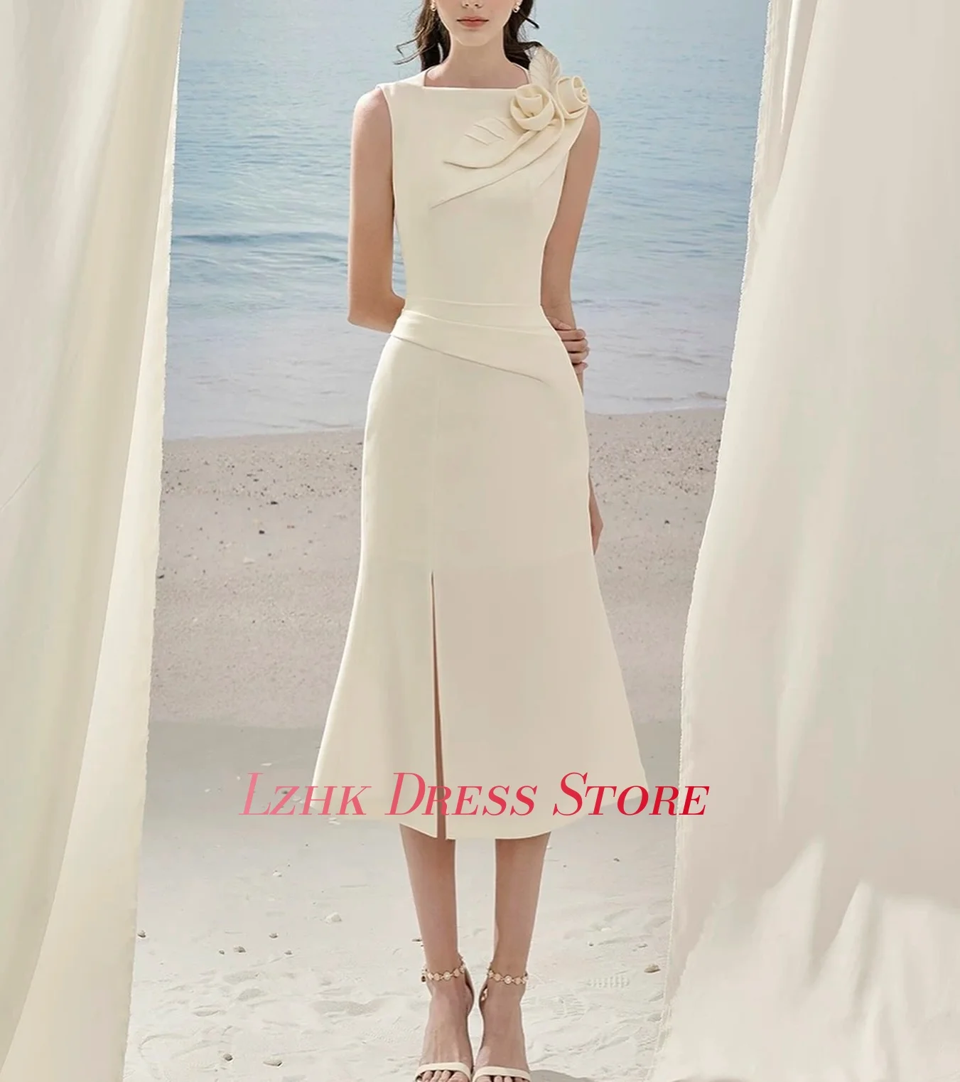 ชุดราตรีทรงเมอร์เมดคุณภาพสูงสั่งตัดพิเศษ แต่งดอกไม้ 3 มิติ แขนกุด คอทรงโอ ยาวระดับชา ฟัสต์อาน سهرات