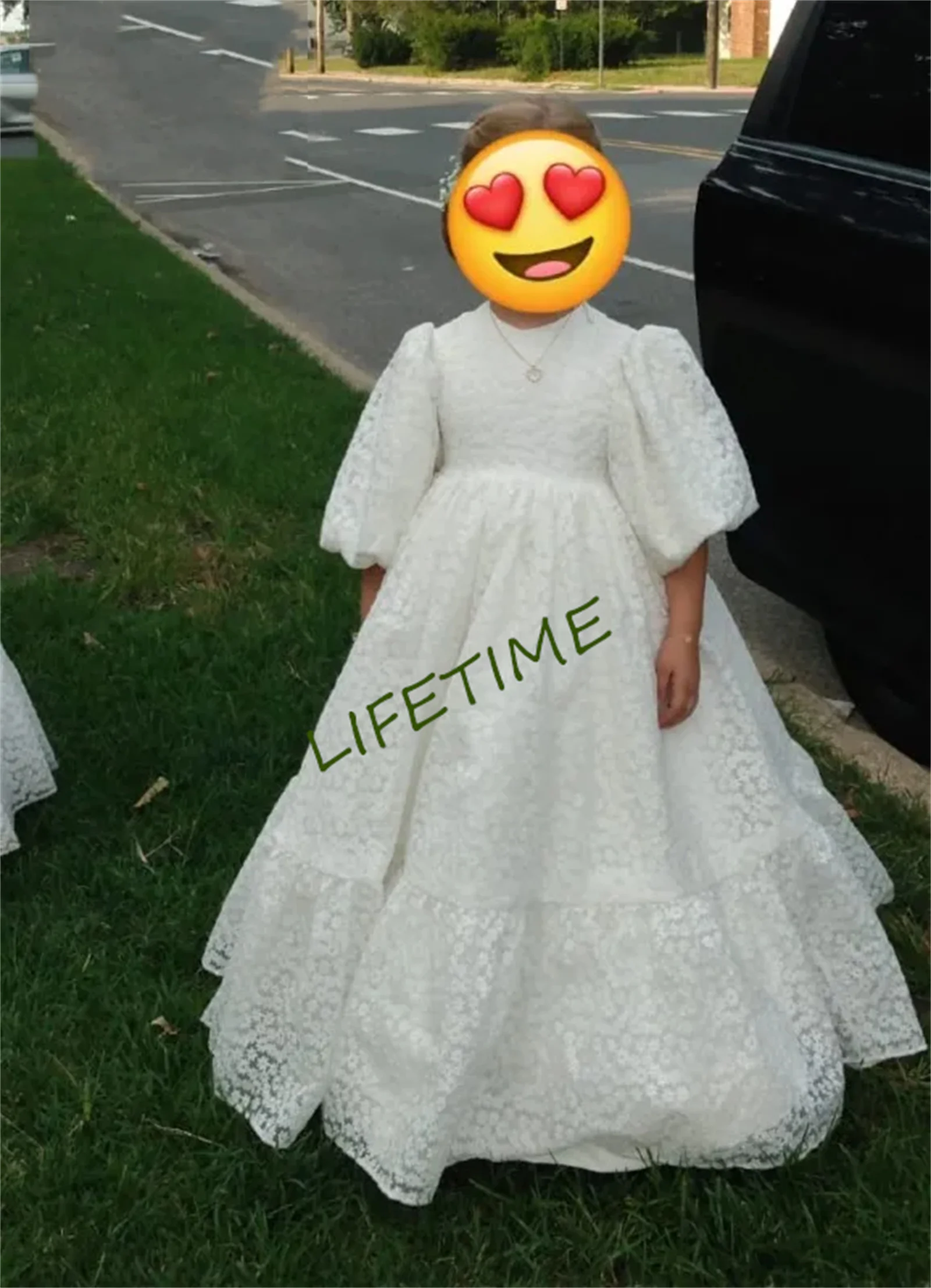 Spitze Mädchen Kleid O-Ausschnitt Puff ärmel Blumen mädchen Kleider Hochzeits feier Kleid lange Prinzessin Kleid kleines Mädchen Kleid