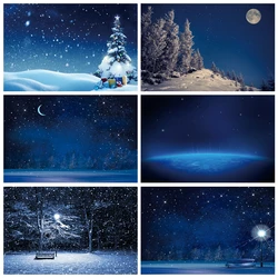 Dark Blue Sky Moon Glitter Star Photo Backdrop Tree Forest Winter Snow Night Scene Photography Background Photocall Photo Studio