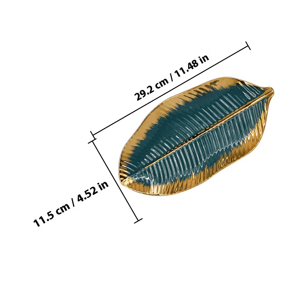 1Pcs Gold Edge Ceramic Leaf Shape Jewelry Tray Decorative Jewelry Storage Plate Delicate Design Fruits Tray Fruits Plate
