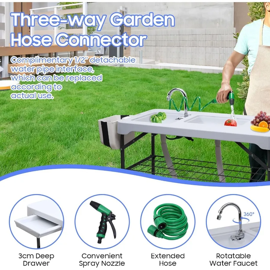 طاولة تنظيف الأسماك مع حوض وصنبور عالمي مزدوج للتخييم والنزهات الخارجية: محطة تسخين الأسماك المحمولة مقاس 42.5 بوصة F
