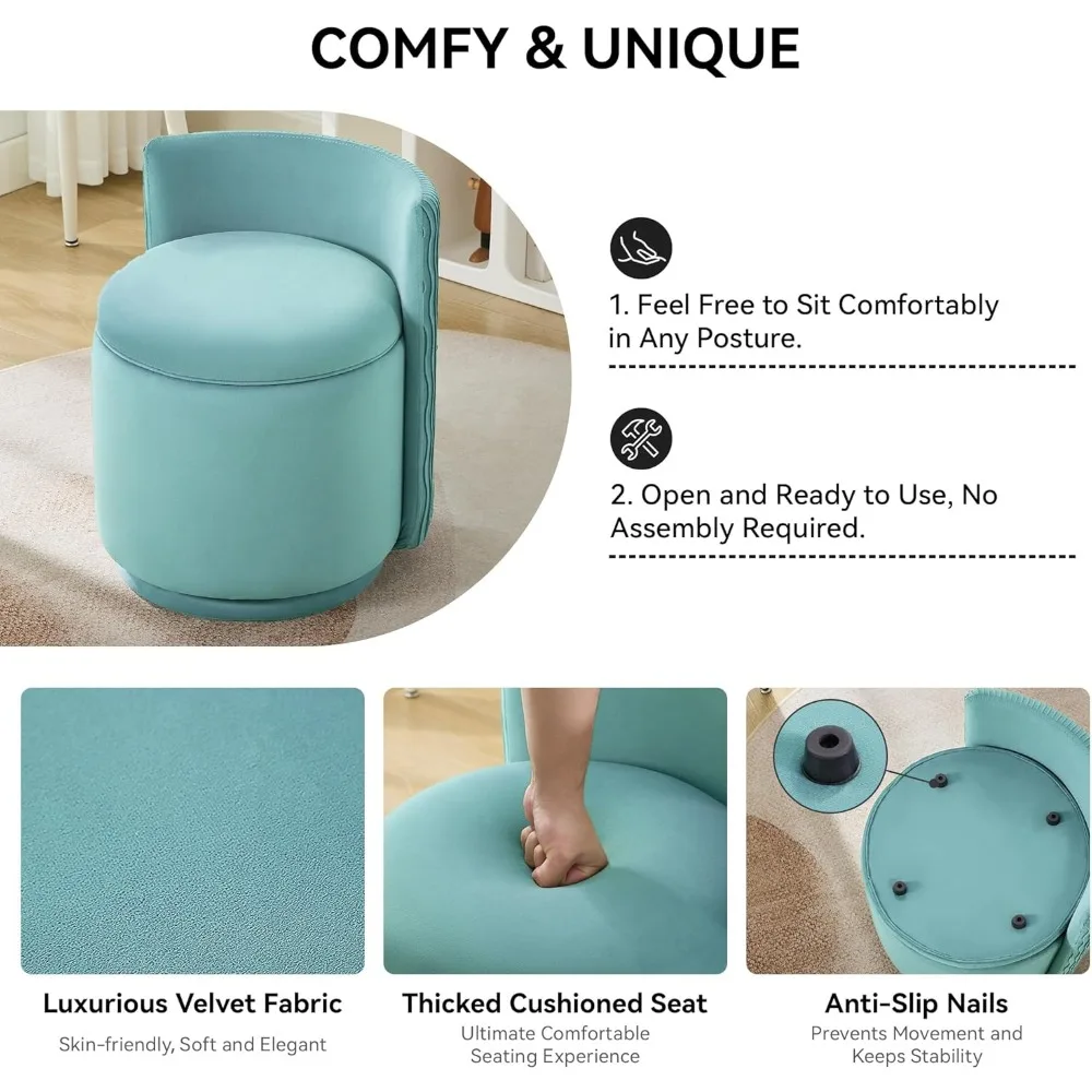 360 ° كرسي مكياج مخملي دوار مع مساحة تخزين، تصميم مموج خلفي، لا يتطلب تجميع، مثالي لغرفة النوم أو غرفة الملابس #4
