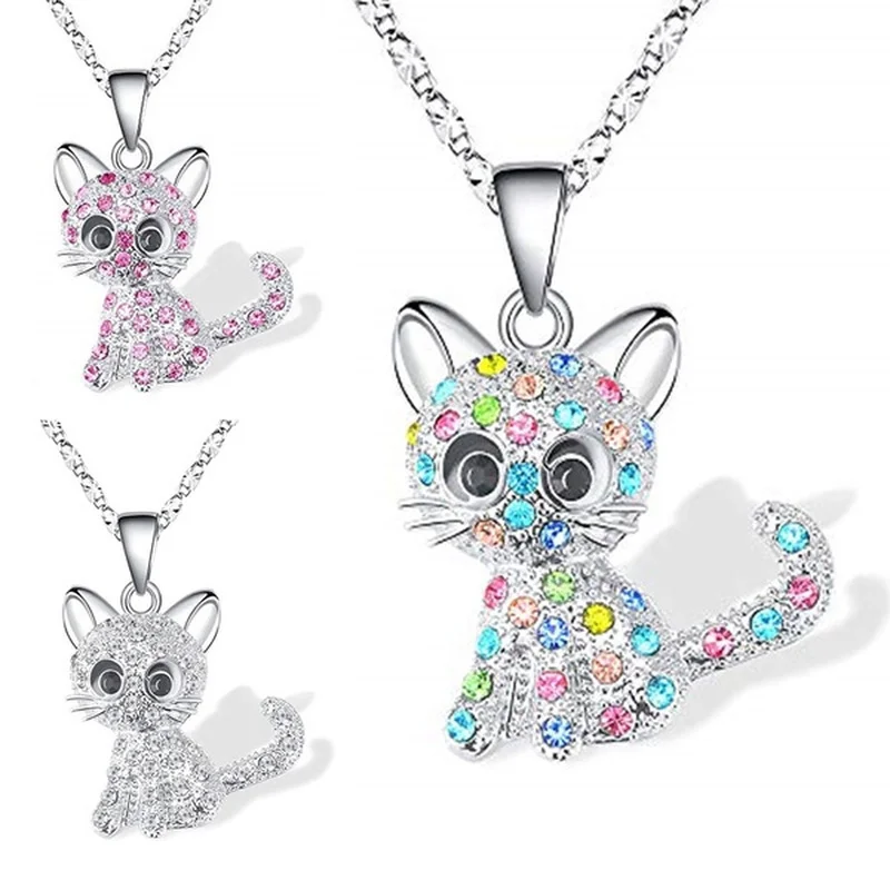 Girls' Fashion lovely Cat Pendant Necklace Natural Sparkle Color Crystal Zircon Cartoon Animal Necklace for Women Jewelry Gift