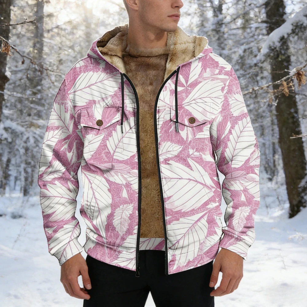 Leaf Print Men Women Hooded Jacket Warm Fleece Lined Zip Up Winter Coat for Women Botanical Streetwear with Multiple Patterns