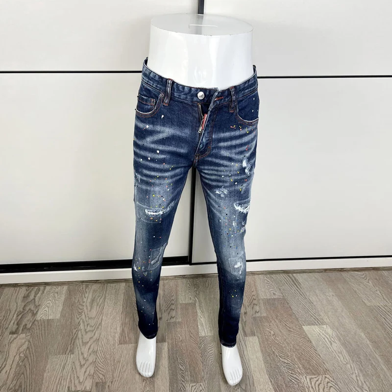 Men Retro Deep Blue Faded Wash Multicolor Splatter Paint Distressed Elastic Slim Denim Jeans Urban Punk Casual Denim JeansY2K