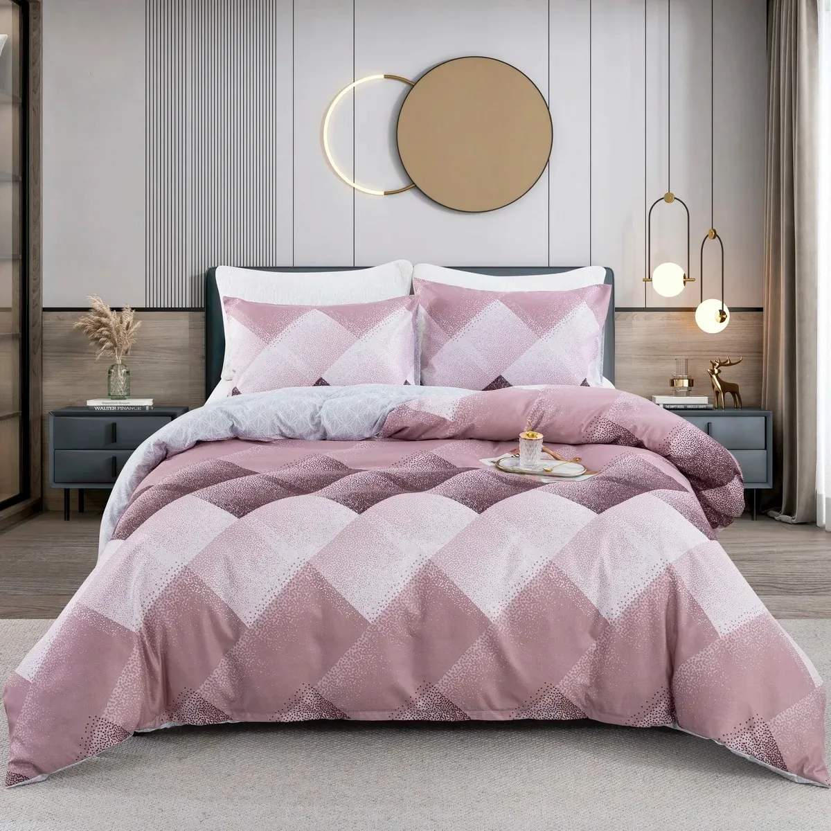 Pink Heart Duvet Cover Set Single Bedding Set 3 Pieces, Soft Comfy Microfiber Love and Stripe Pattern Reversible Quilt Cover