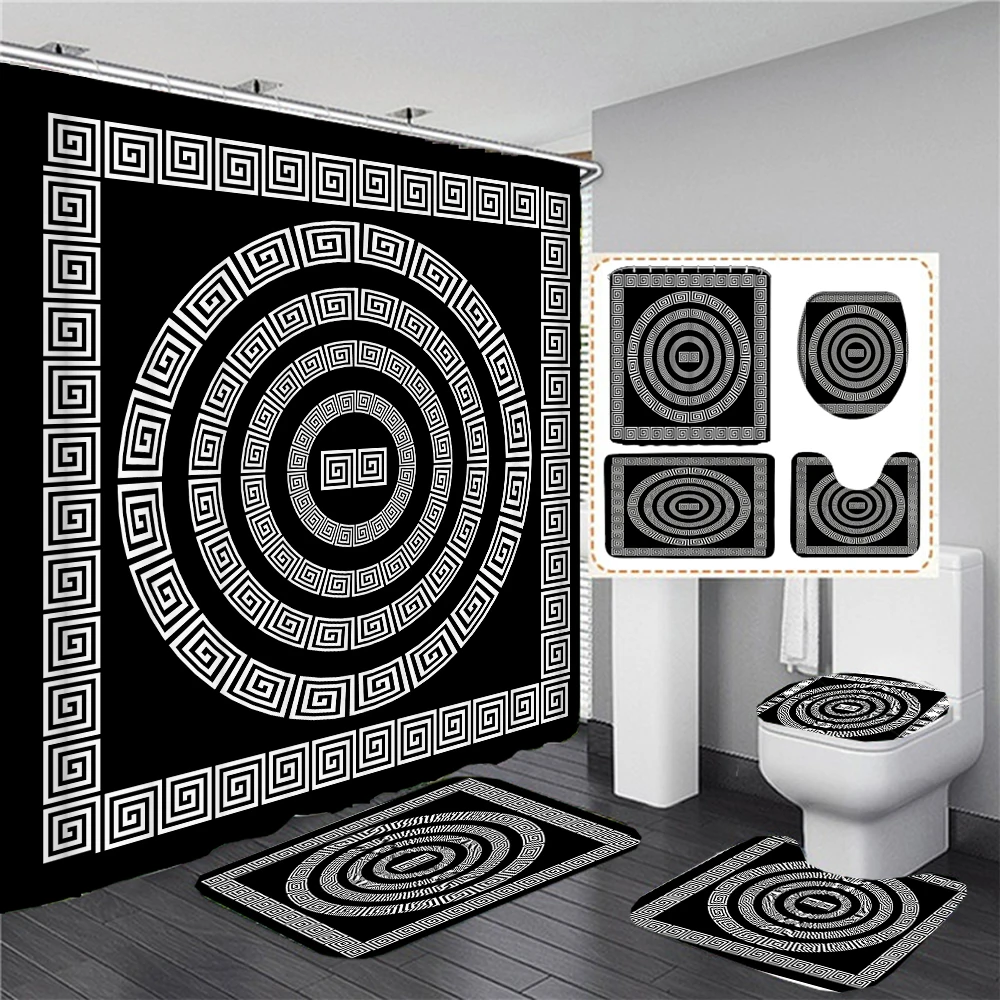 Ethnic Greek style Shower Curtains Waterpoof Bathroom Curtain Traditional Meander Border Bath Curtain Set Bath Mats Rug Decor