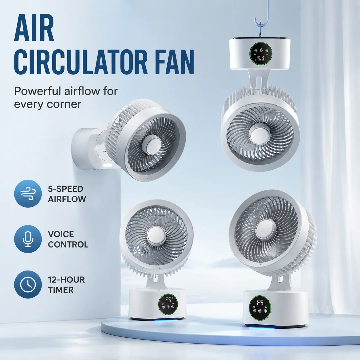Smart Voice Control Desktop Fan with Remote Rechargeable USB Nightlight Portable Wall-Hanging Fan Household Air Cooler