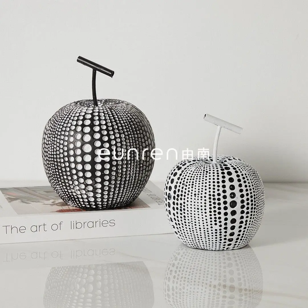2Pcs Black White Polka Dot Apple Figurine Resin Craft Modern Minimalist Desktop Ornament For Living Room Office Bookshelf Table