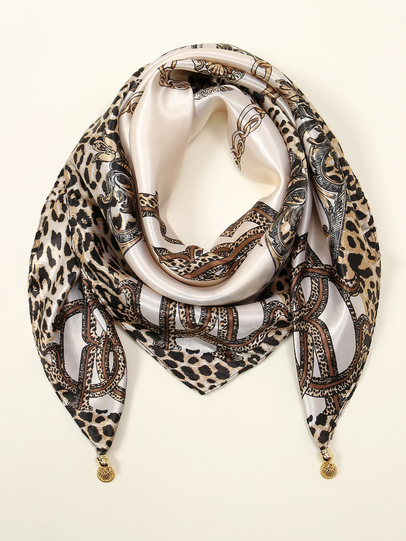 New Style Leopard Square Scarf Neckerchief For Women Printed Magnet Shawl Wraps Lady Satin Scarf With Chain