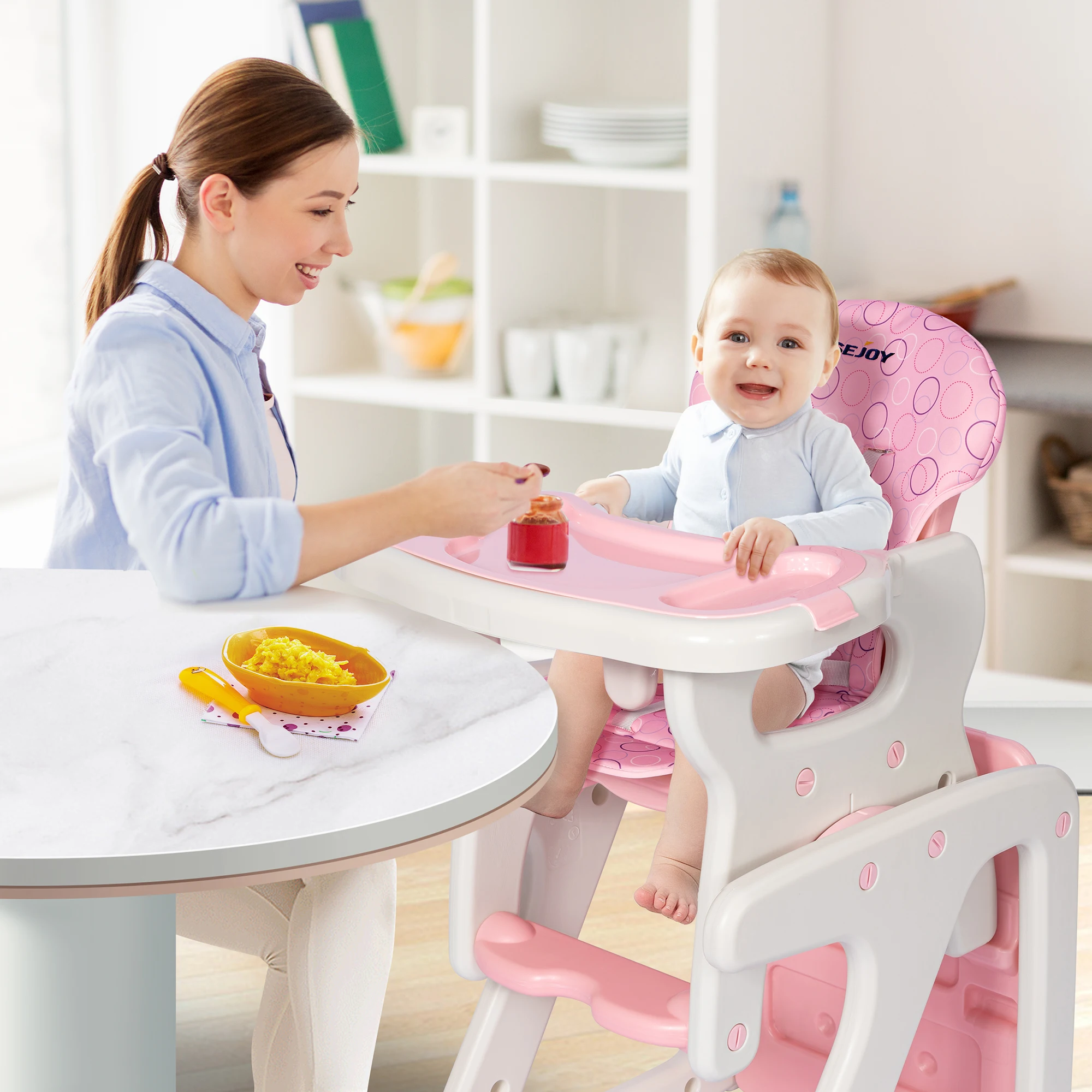 Seggiolone per bambini pieghevole e 2 in 1 con poggiapiedi da tavolo, doppio vassoio staccabile, seggiolone staccabile per alimentazione facile da pulire