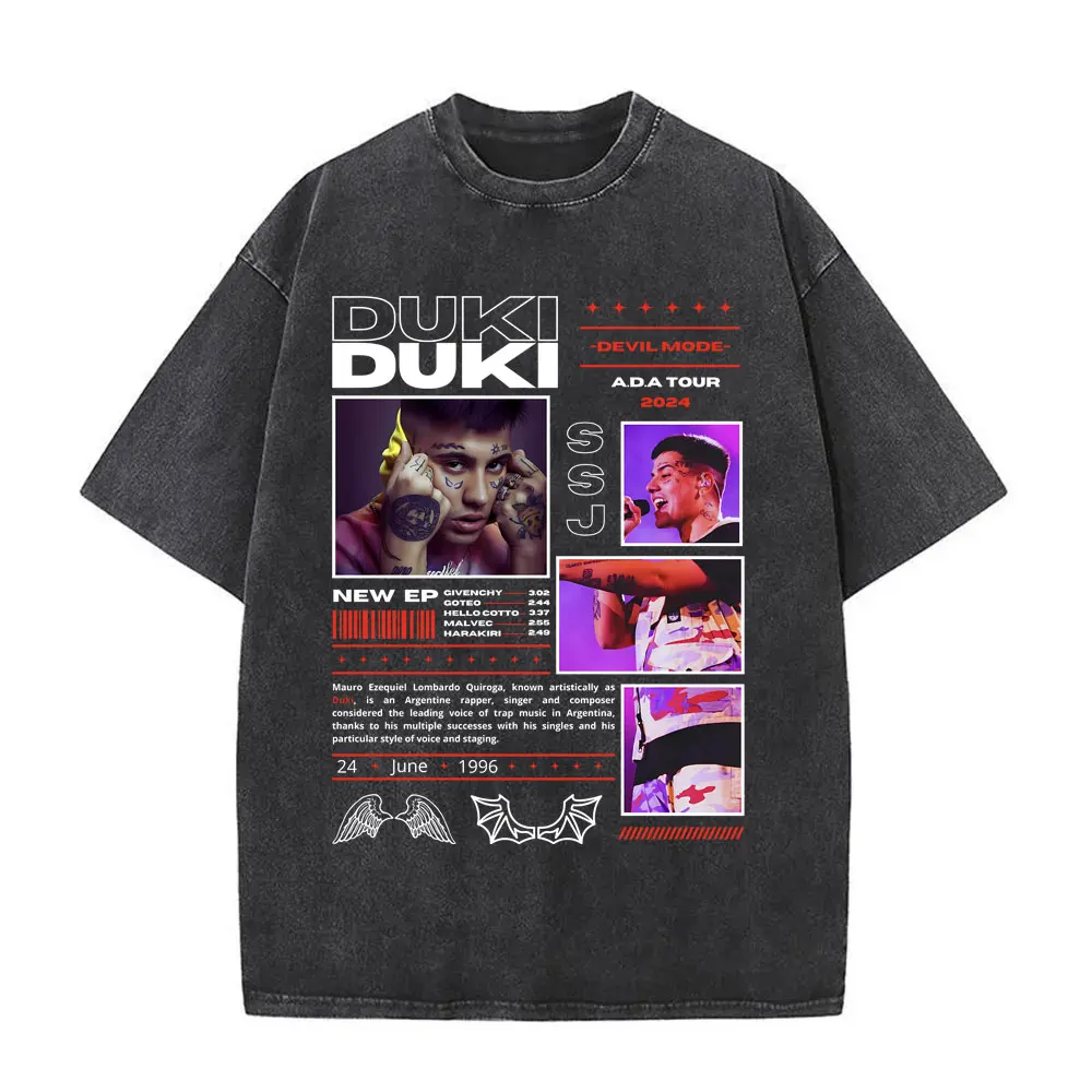 Washed Vintage Streetwear Rapper Duki ADA Tour 2024 T-shirt Antes De Ameri Pattern T-shirt Men Women Hip Hop Round Neck T Shirts