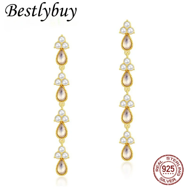 

Japanese Light Luxury Opal Shell Beaded Women's Earrings S925 Silver Plated 9K Gold Droplet Shape Simple Long Earrings