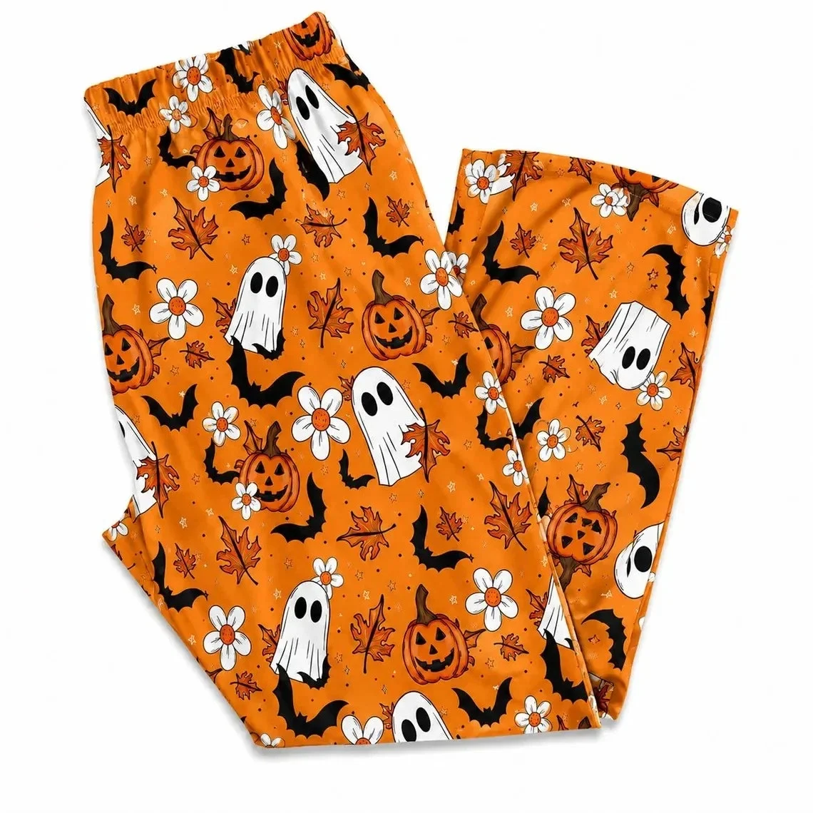 Retro-Halloween-Schlafanzug mit Gänseblümchen-, Ahornblatt- und Fledermaus-Motiven, lustigem kleinen Teufel-Kürbismuster, locker geschnittene und bequeme Hose – Detail 4