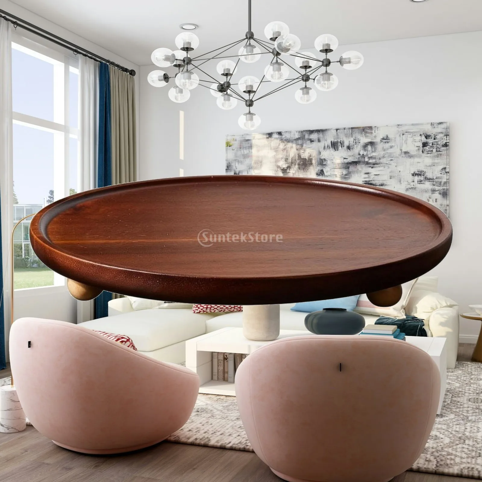 Round Acacia Tray Grain Wooden Serving Tray Polished for Entryway