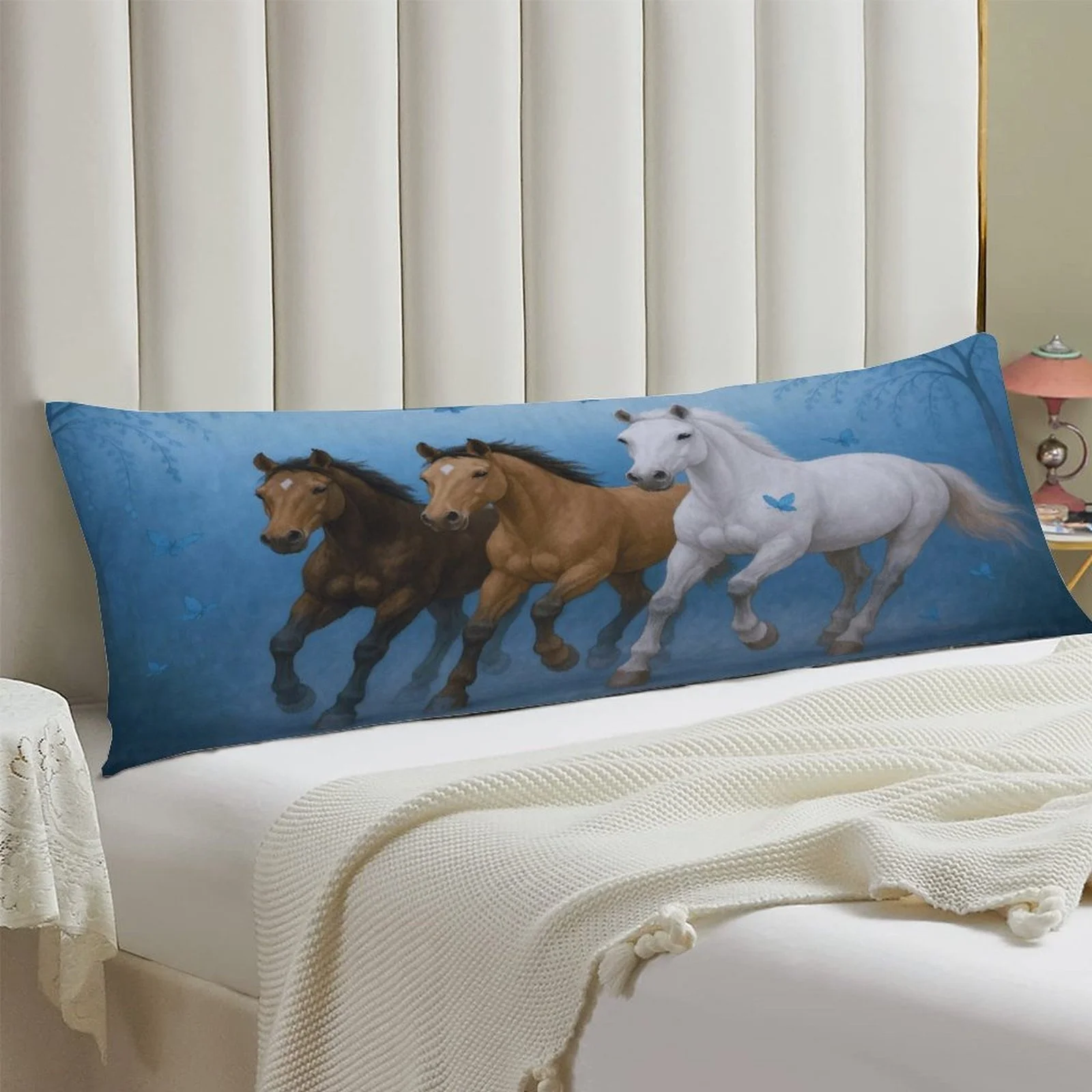 Galloping Horse Blue Forest Themed Pillowcase, Stylish Long Fluffy Cushion Cover, Soft Decorative Double-Sided Printed Large Pil