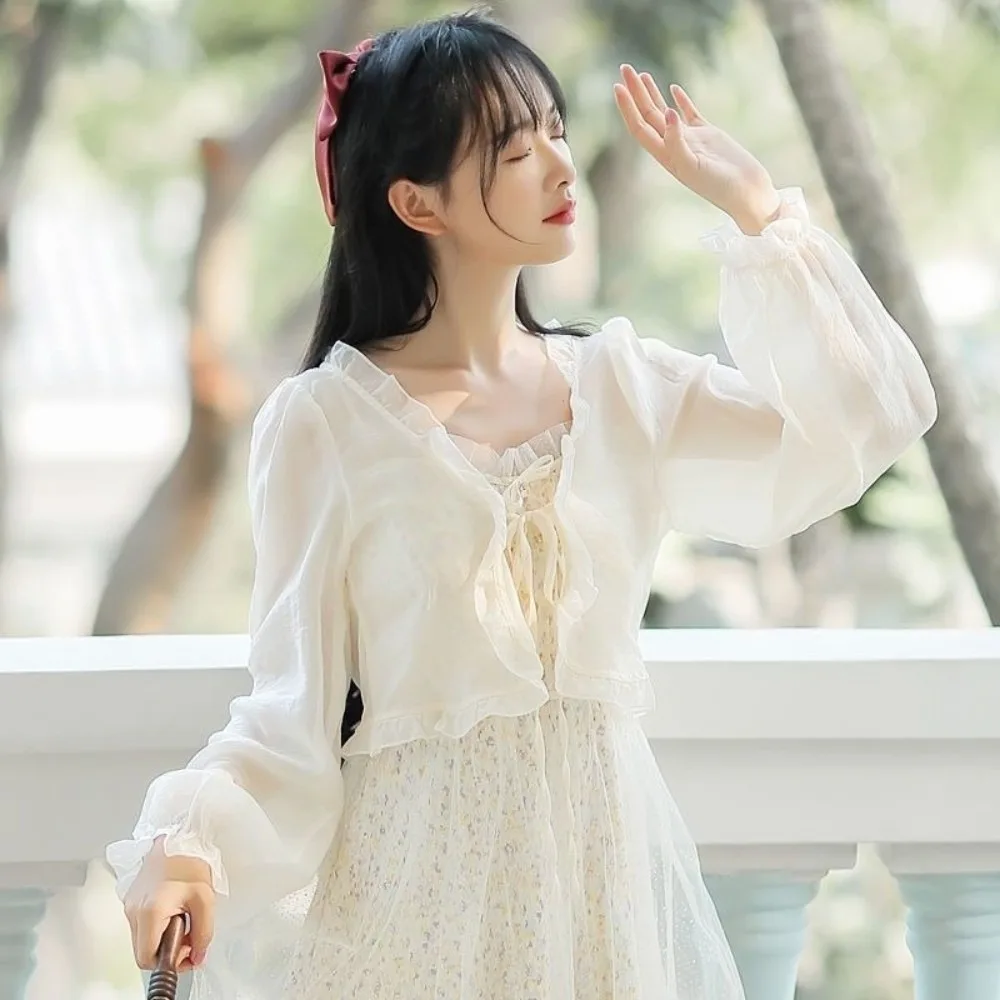 

New Sun Protection Sun Protection Coat Lace Bow Ruffle Shirt Breathable Long Sleeves Blouse Tops Summer