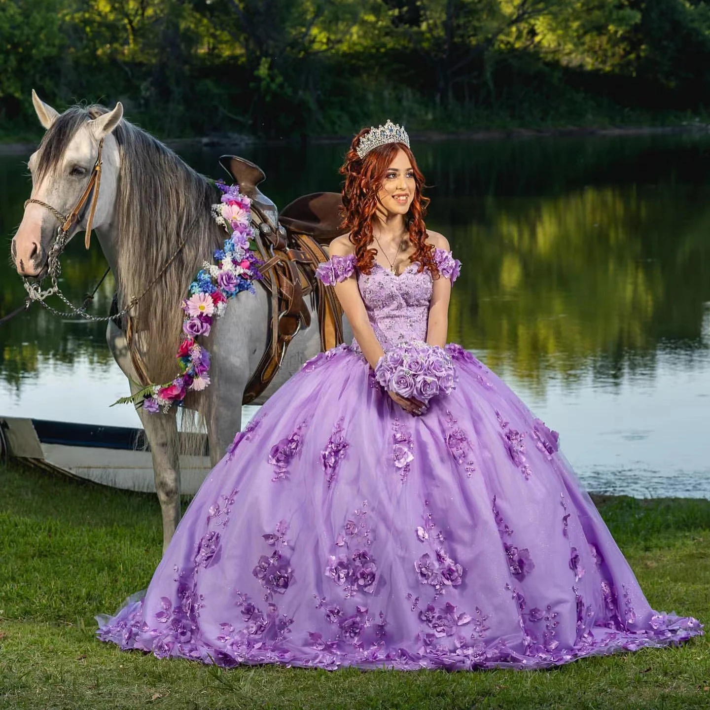 Roxo flores artesanais quinceanera vestido fora do ombro rendas apliques contas de 15 16 anos