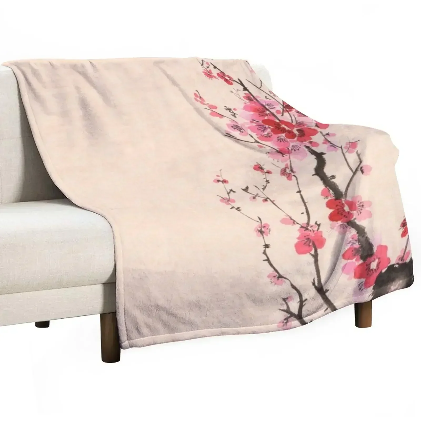 Japanese sumi-e ink painting of an iconic plum blossom branch with red flowers on beige background art print Throw Blanket