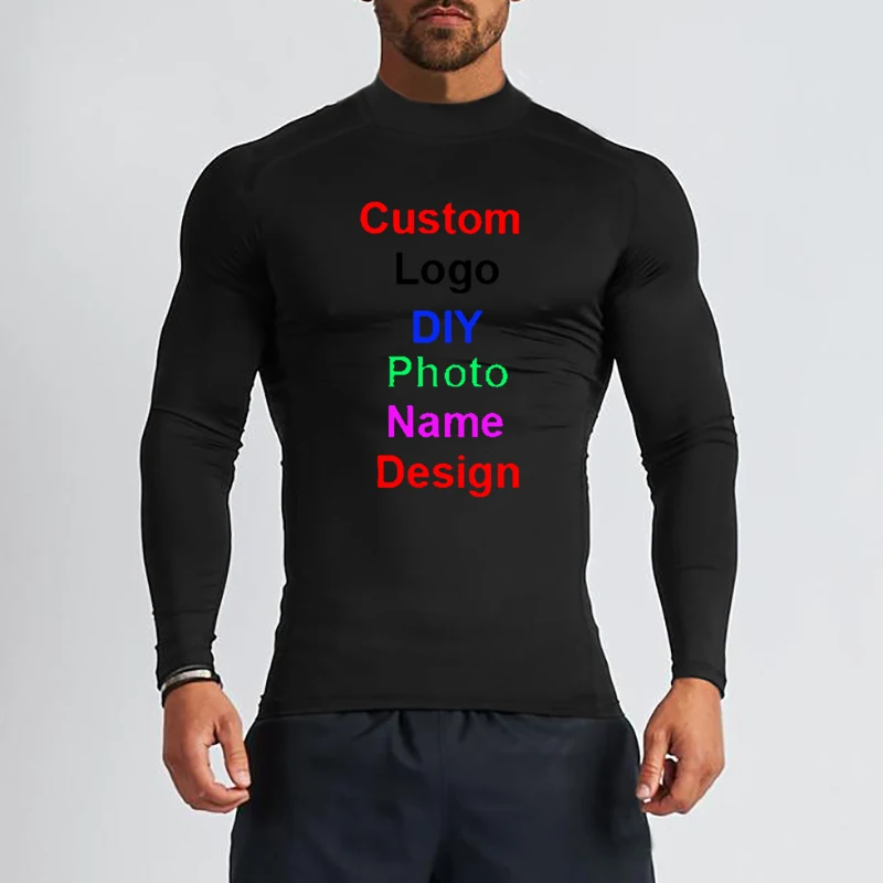 Customized DIY Brand Logo Turtleneck Quick Dry Gym T Shirt Men Fitness Skinny Long Sleeve T-shirt Sports TShirt Tight Clothing