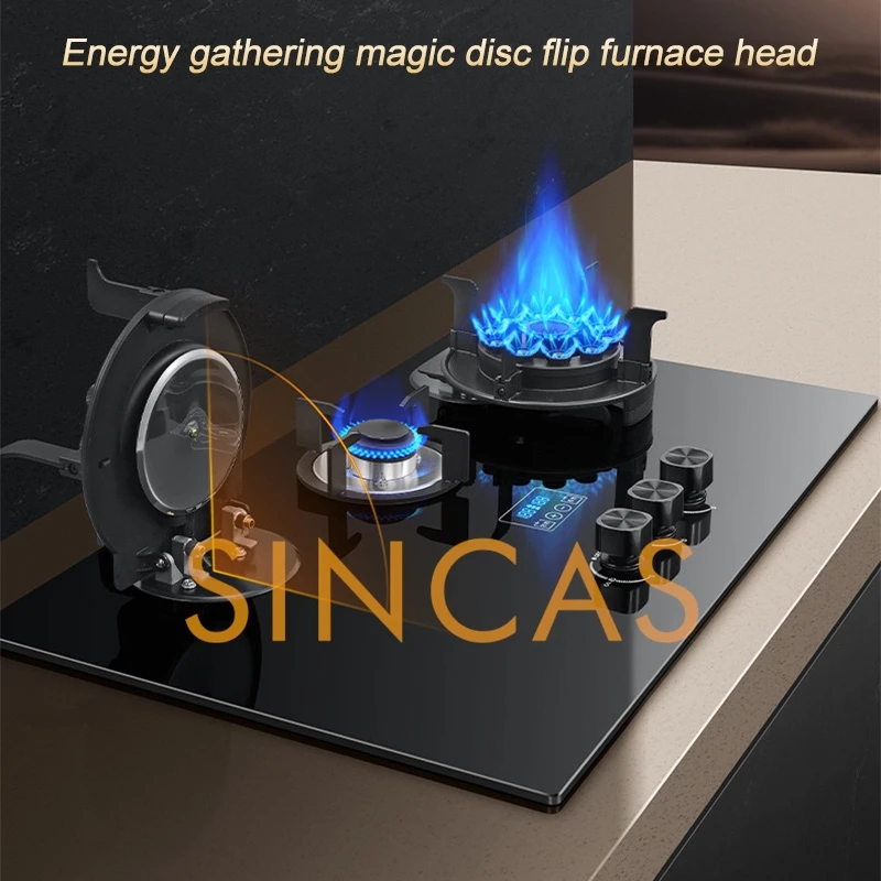 Kitchen Household 5.2KW Fierce Fire Three-burner Double-Sided Timing Gas Stove Desktop/Embedded Anti-oil Flip Cover Gas Stove
