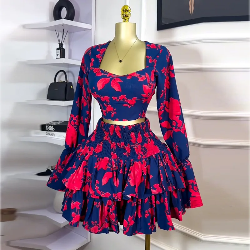 

2025 Sweet and Fresh Women's Two Piece Printed Square Collar Long Sleeve Shirt High Waist Ruffle Half Skirt Set