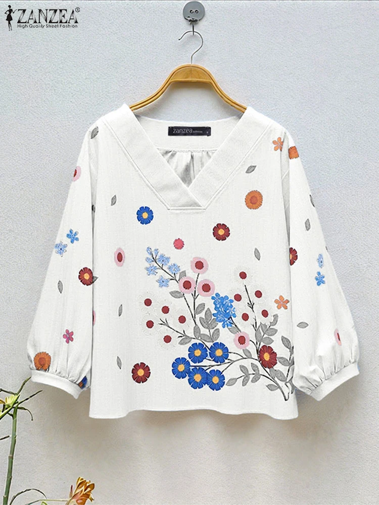 ZANZEA 2025 Fashion Women's Blouse Vintage Floral Print Shirts3/4 Sleeve V-Neck Casual Tops Autumn Famale Loose Clothing Blusas
