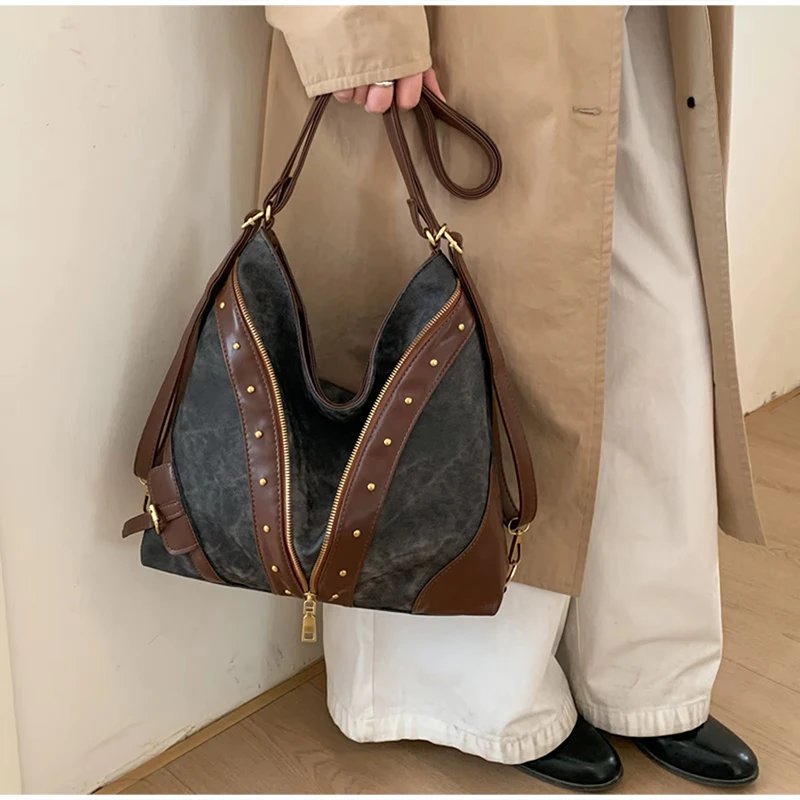 Vintage-Rucksack, Damen-Tragetasche, Retro-Spleiß-Hobo-Umhängetasche, lässige Alltags-Einkaufstasche mit Nieten-Dekor – Detail 8