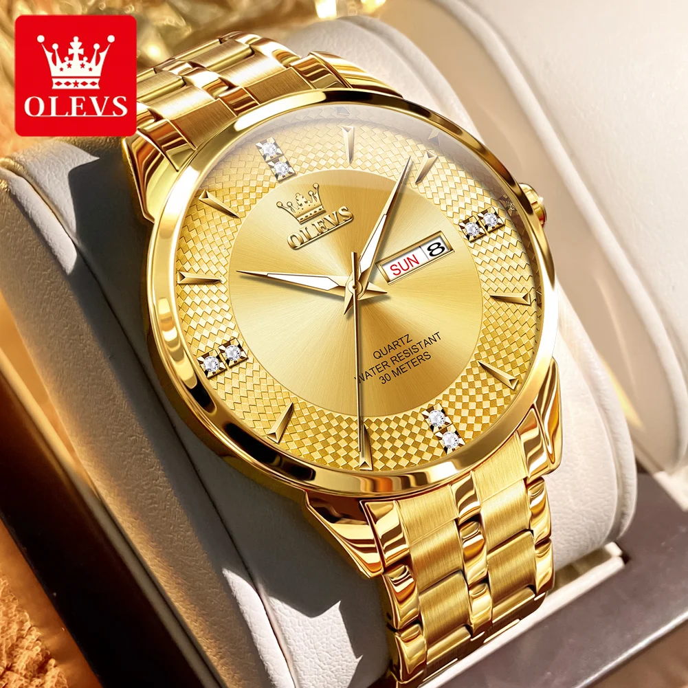 OLEVS Men\'s Watches New Fashion Classic Dual Calendar Men\'s Business Wristwatch Stainless Steel Waterproof Luminous Quartz Watch