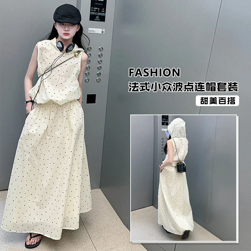 

Girls' summer family matching outfits, new summer thin Korean-style fashionable polka dot sleeveless top and skirt set