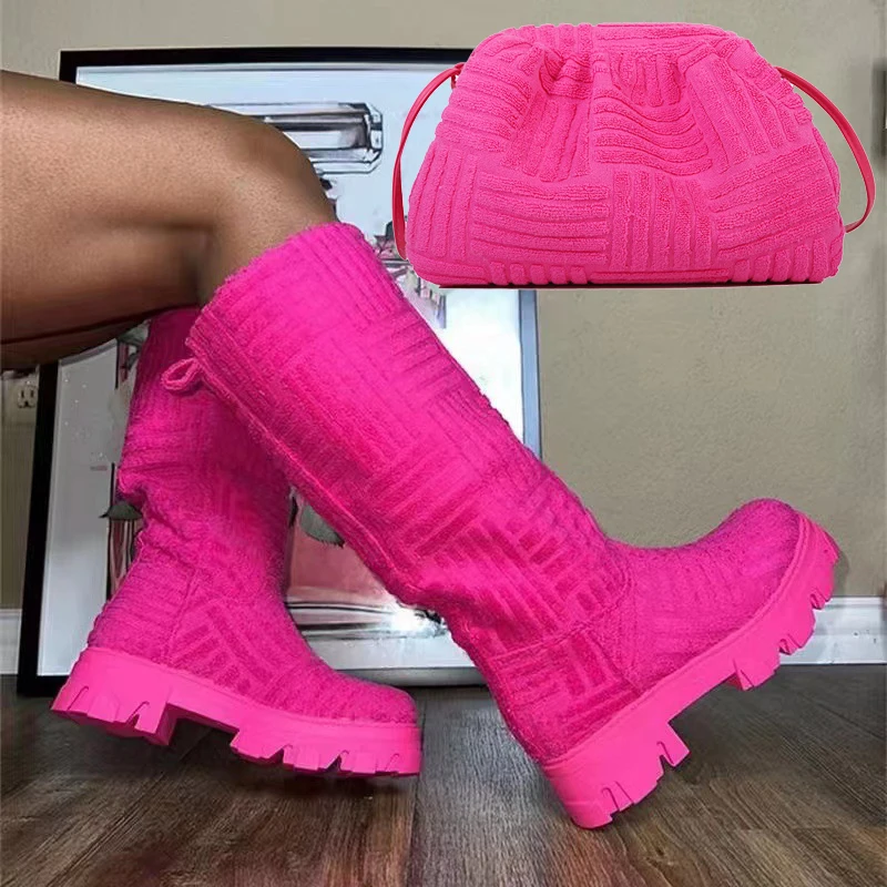 New Thick-soled Boots Women Spring And Autumn Plus Size Towel Boots Motorcycle Boots Fashion Towel Cloud Bag Shoulder Bag Set