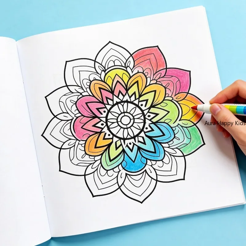 An Adult Decompression Mandala Meditation Coloring Picture Book, Colorful Symmetrical Flower Mandala Line Draft Coloring Drawing