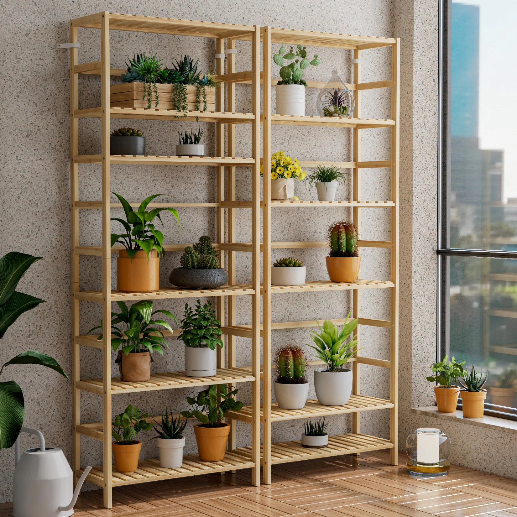 6-Tier Bamboo Storage Rack Shelving Bookshelf Plant Flower Stand Adjustable Shelves for Home Organization