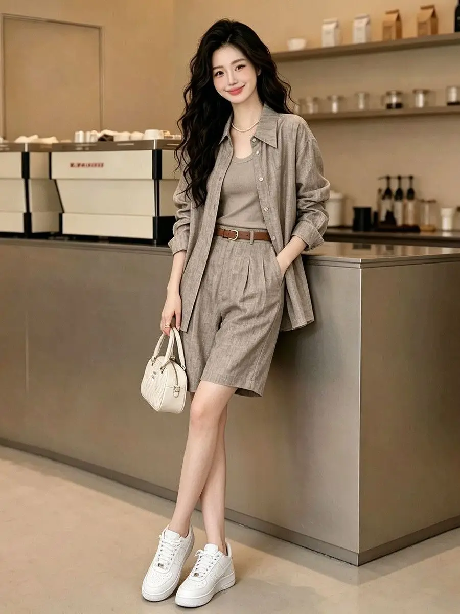 

Elegant Cotton Linen Shirt Set Women's Casual Loose Style Fake Linen Shirt Relaxed Feel Complete Two-Piece Set Summer Fashion