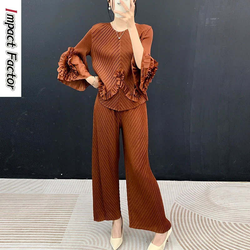 

Miyake Pleated Set 2026 Autumn Dress New Disc Sleeve Crew Neck Top + Casual Straight Pants Two-piece Loose Female