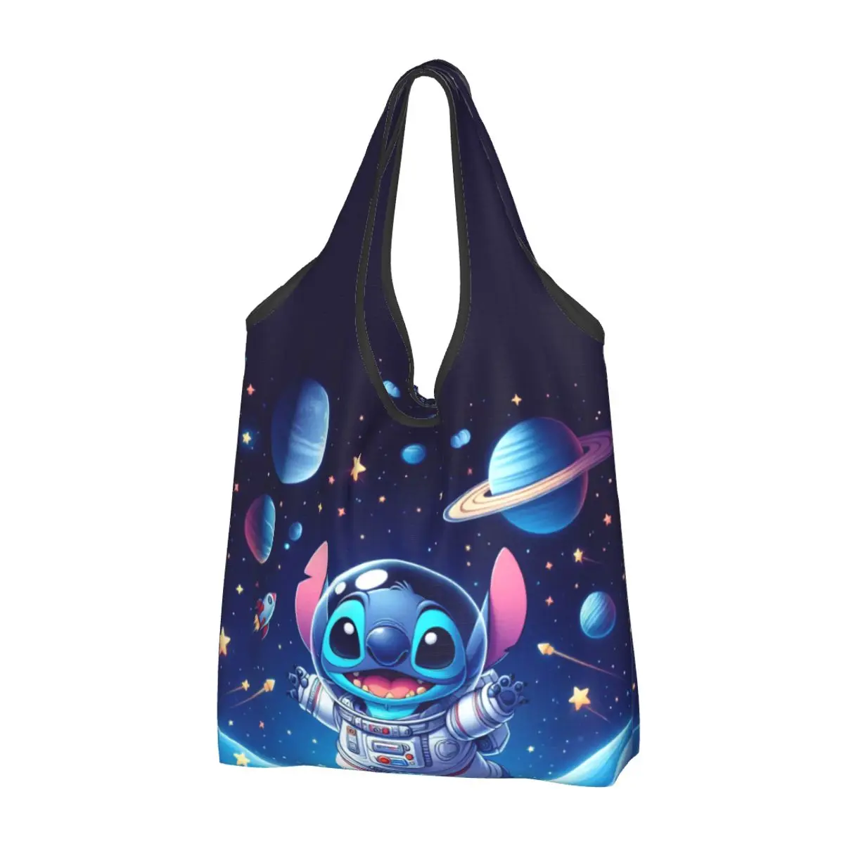 

Custom Funny Stitch Anime Galaxy Planet Shopping Tote Bag Portable Grocery Shopper Shoulder Bag