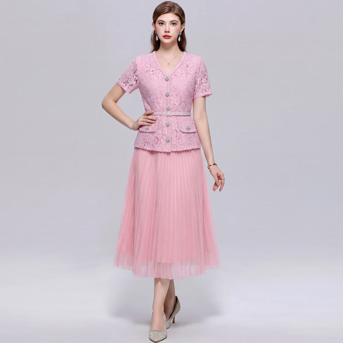 

Fashion Pink Lace Fake Two Piece Dress Women Short Sleeve Pleated Chiffon Dress Belted Vintage Elegant Lady Party Wear