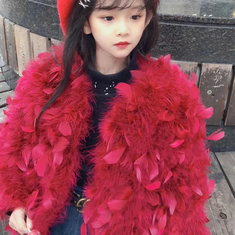 الجملة الاطفال سترة ريش النعام الحقيقي، زهرة فتاة حفل زفاف معطف مع ألواح الريش، متعدد الألوان الأطفال الرسمي