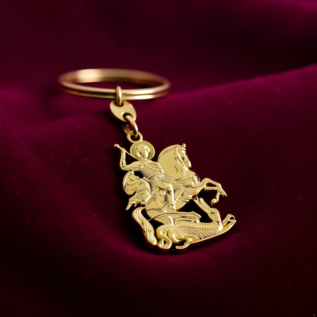 พวงกุญแจคริสเตียน HTISOK นักบุญจอร์จกำลังกำจัดมังกร จี้โลหะ พวงกุญแจ แหวนพวงกุญแจ เครื่องประดับ ของขวัญสำหรับผู้ศรัทธา