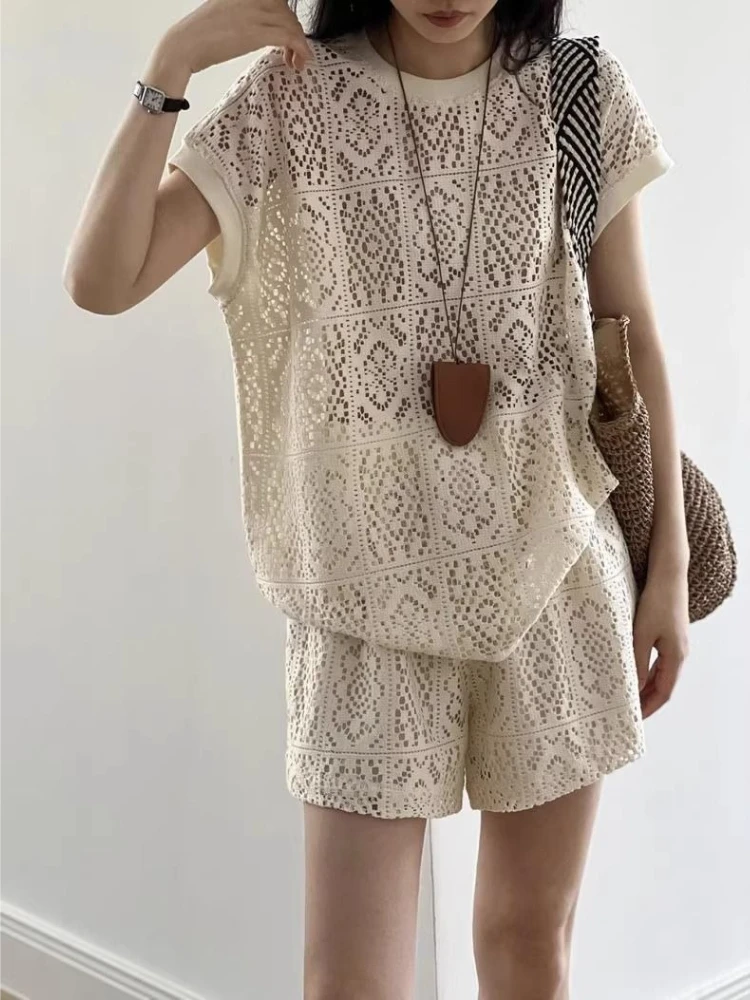 Women Summer Lace Two Piece Set Hollow Out Crop Top Shorts Casual Fashion Outfit Elegant Lightweight Breathable - view 5