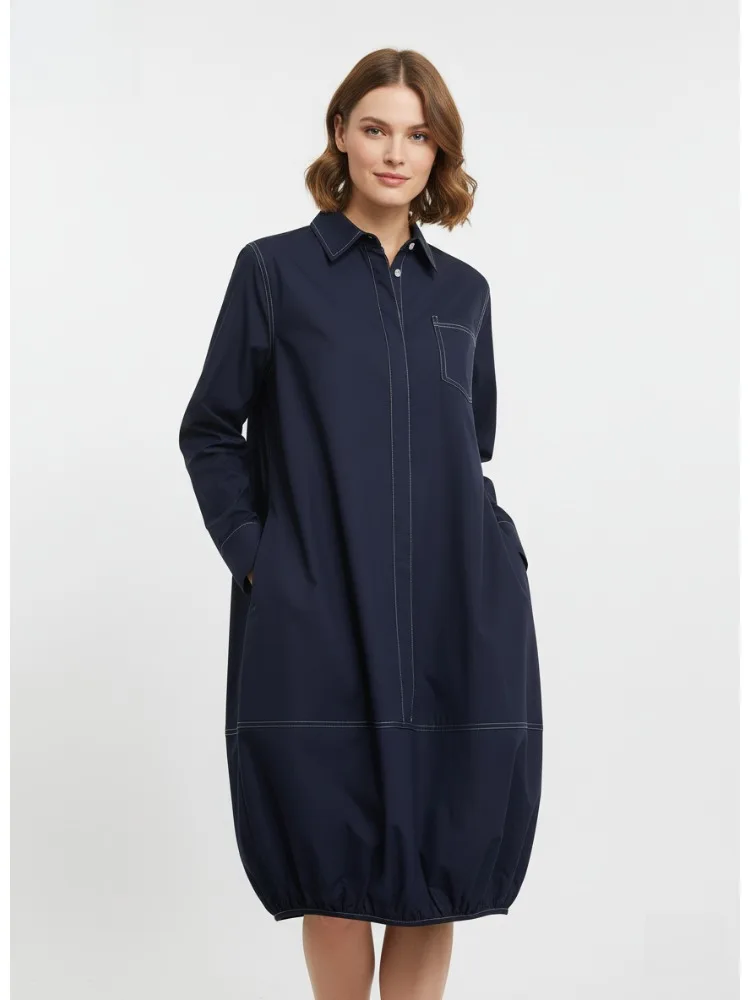 Bonboho Robe chemise en jean bleu marine pour femme col cranté manches longues boutonnée coupe ample robe mi-longue 2025 robe plissée élégante